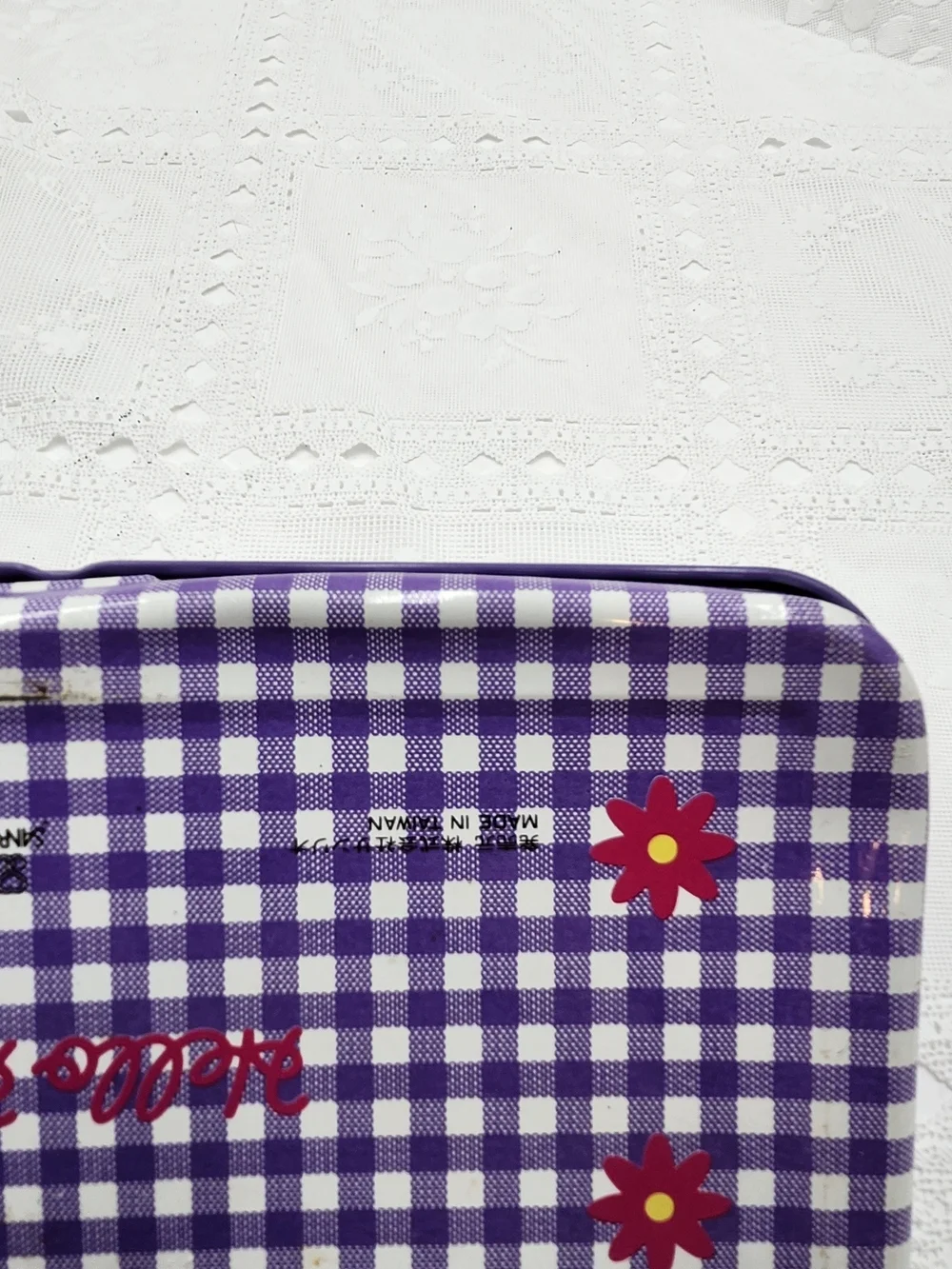 1993 Vintage Sanrio Hello Kitty  Tin Pencil Case Purple Gingham Flower